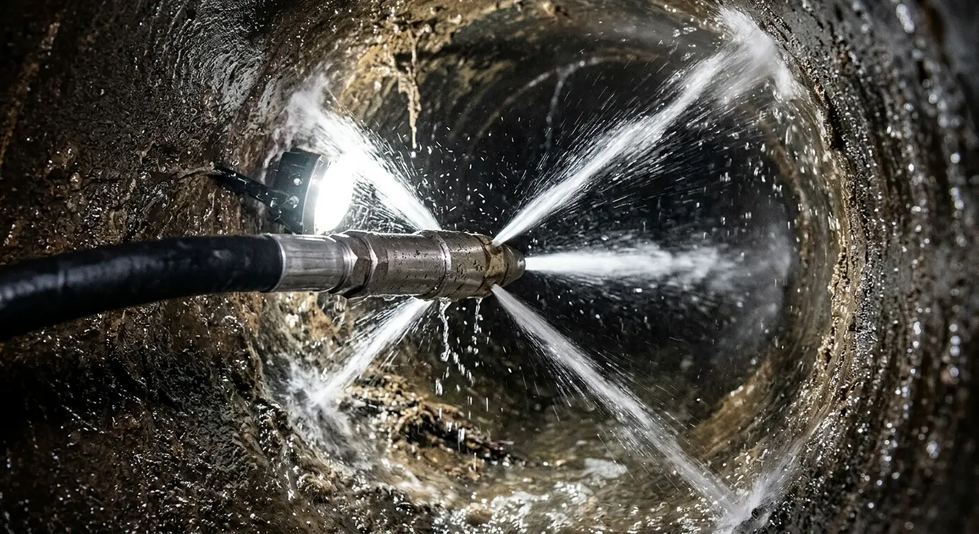 High-pressure hydro jetting nozzle cleaning sewer pipe for Sewer Cleanout in South Apopka