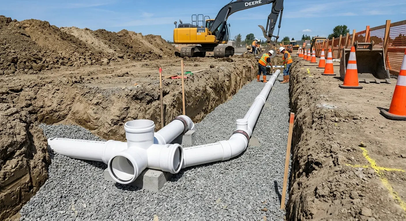 New PVC sewer pipe installation in open trench for Grease Trap Cleaning in South Apopka
