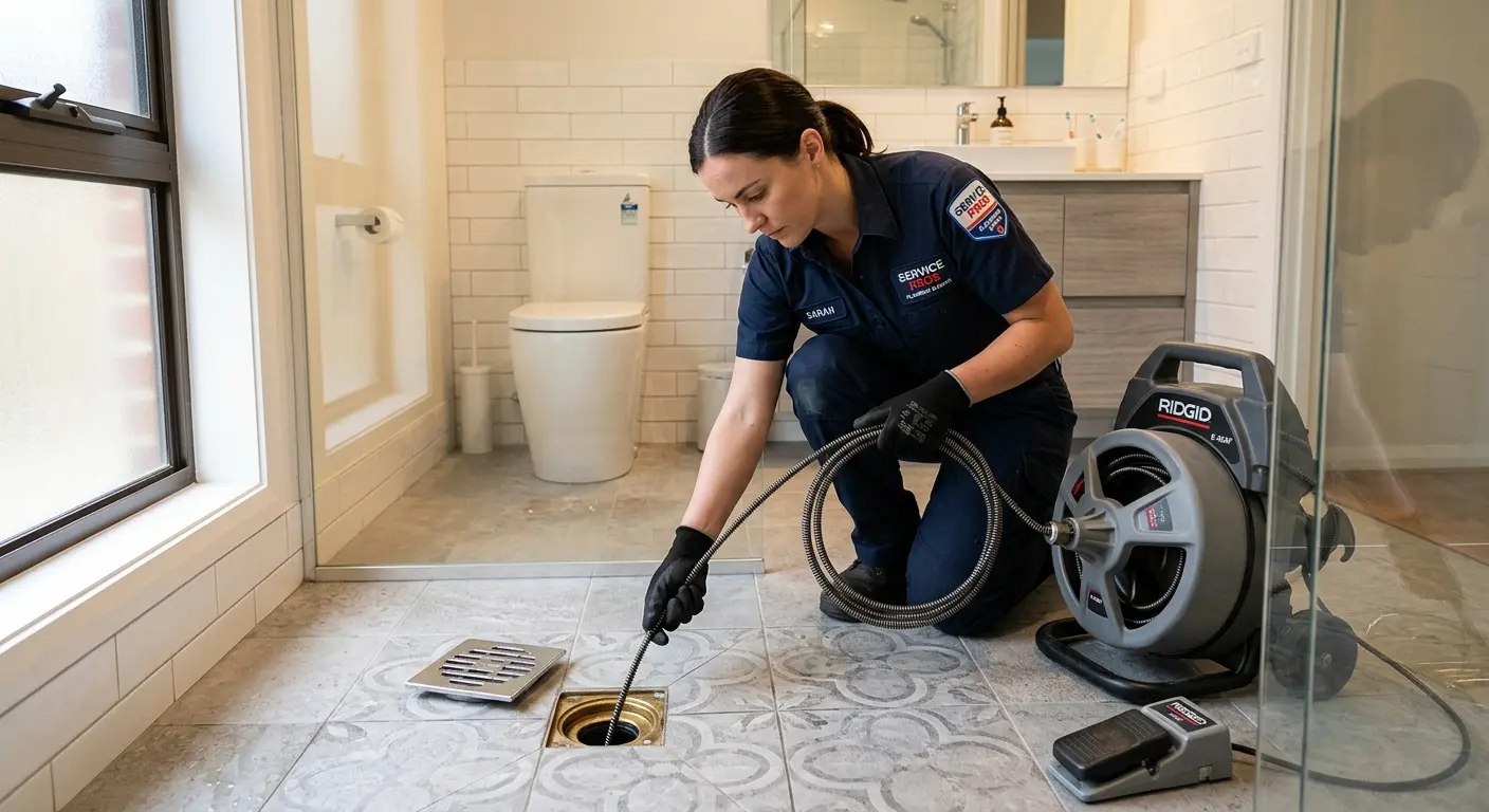 Technician clearing a bathroom floor drain for Drain Cleaning in South Apopka